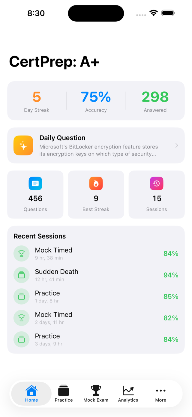 CertPrep home screen showing study modes