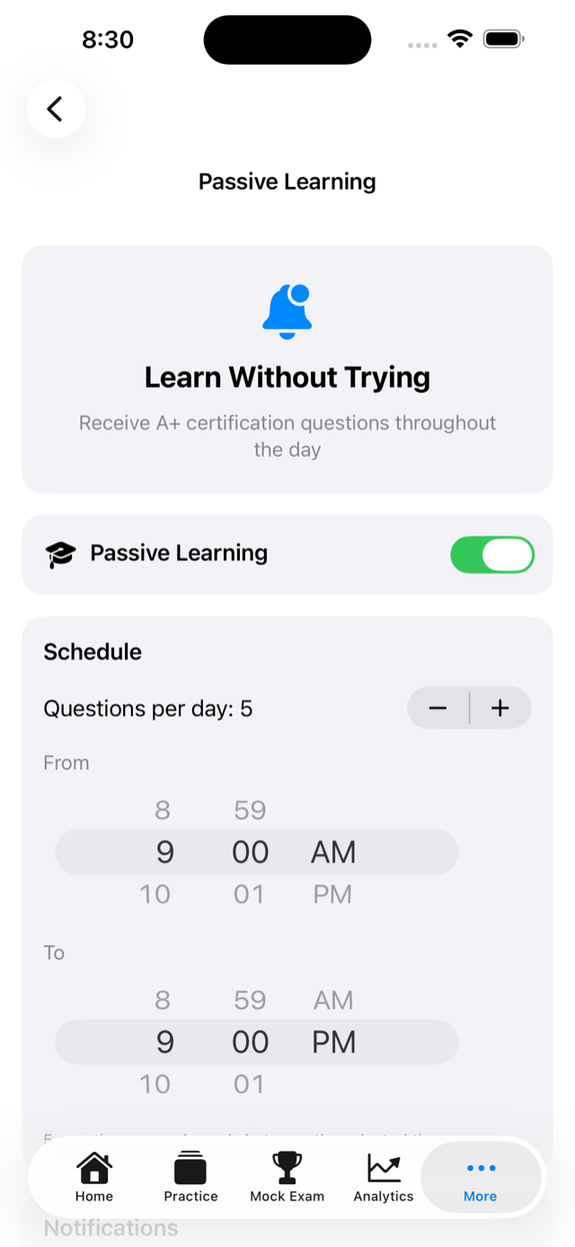 Passive learning notification settings