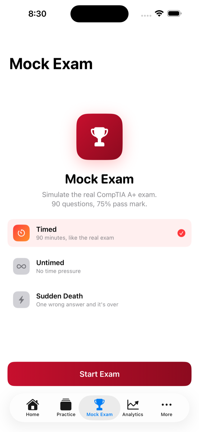 Mock exam interface with timer