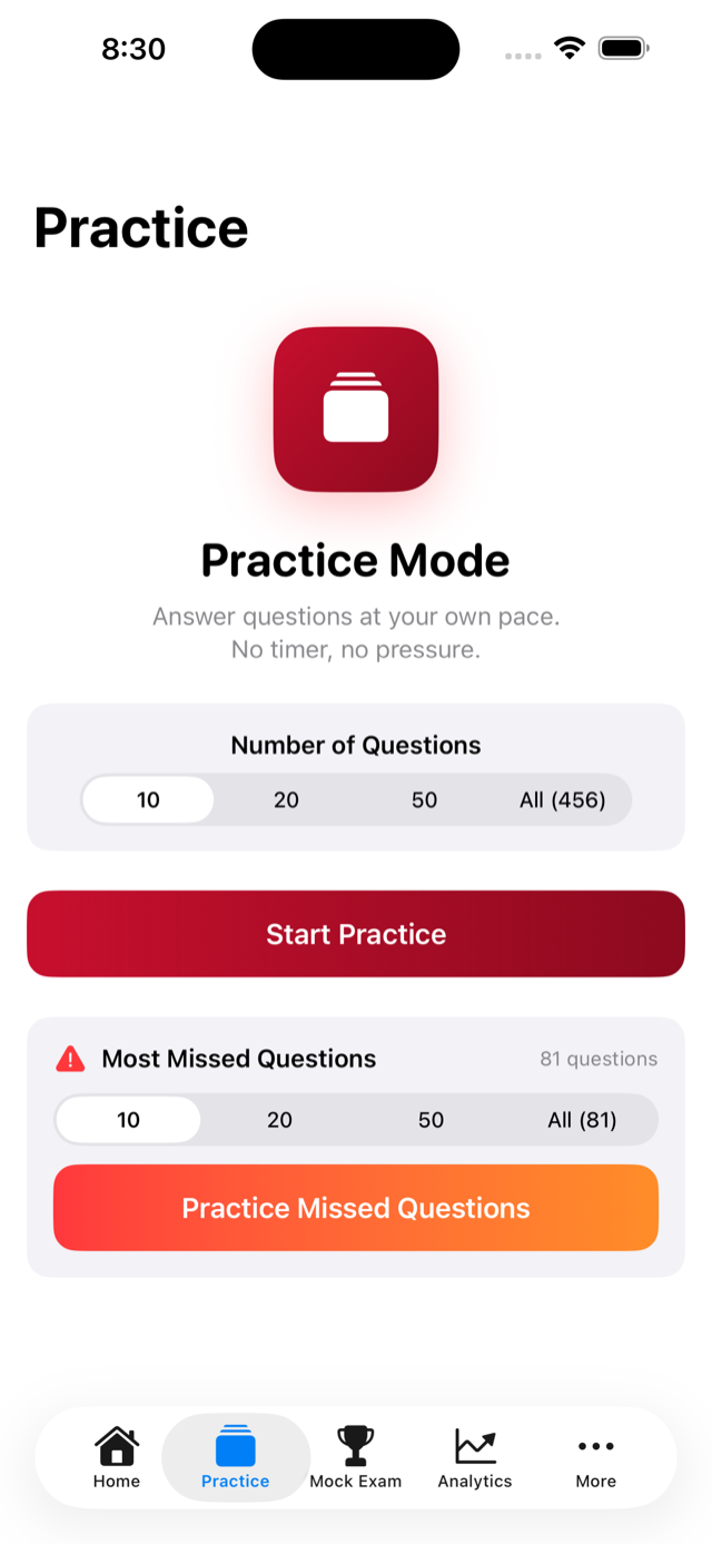 Practice mode with question and answer choices