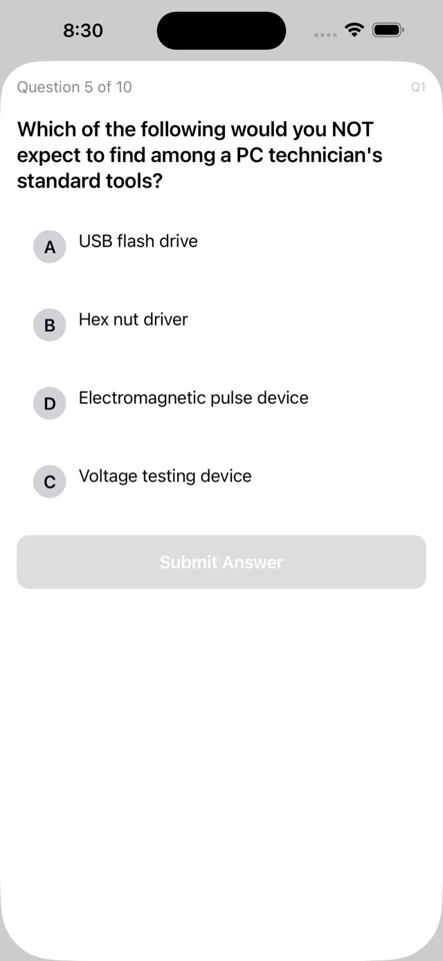 Practice question screen with detailed explanation